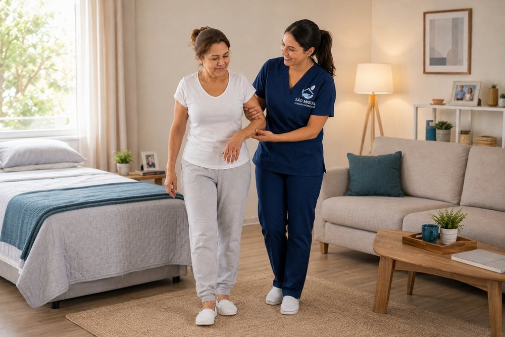 Profissional apoiando uma mulher em recuperação durante uma caminhada no quarto